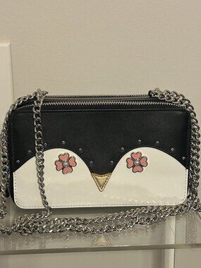 KATE SPADE Black Frosty Penguin Double Zip Chain Link Crossbody Leather Handbag